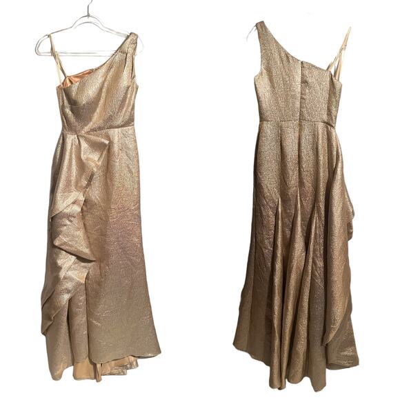 Mac Duggal One Shoulder Metallic Ruffled Evening Gown Oyster Size 4 NWT 66975 - Picture 3 of 9